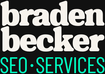Logo for Braden Becker's SEO services with white and aquamarine font