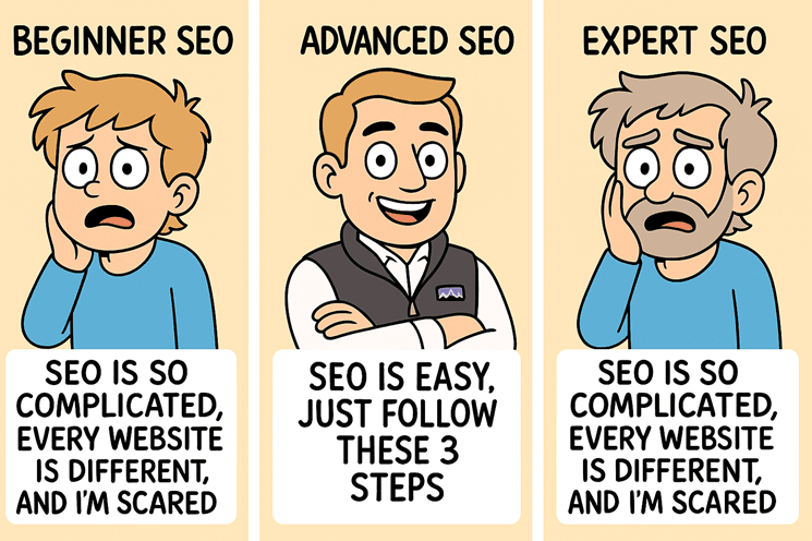 3-panel comic strip about how hard SEO is as you gain experience