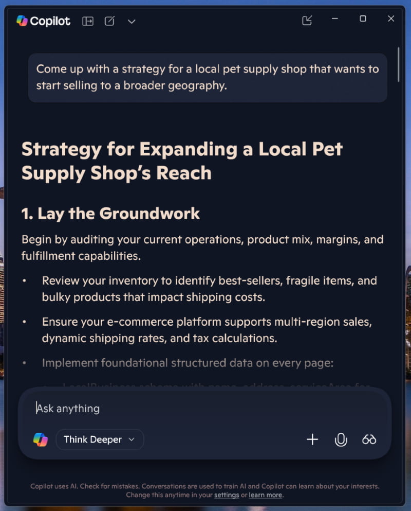 AI prompt asking Microsoft Copilot to come up with a strategy for a local pet supply shop that wants to start selling to a broader geography